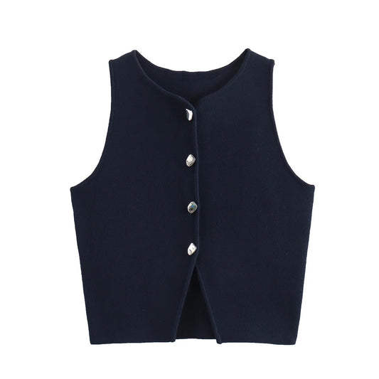 2025 Summer Y2K Metal Button Vest - Extra-Stretch Knit Sleeveless Top for Campus/Street Snap/Cosplay